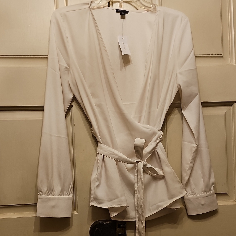 Ann Taylor Cream Long Sleeve Wrap Blouse